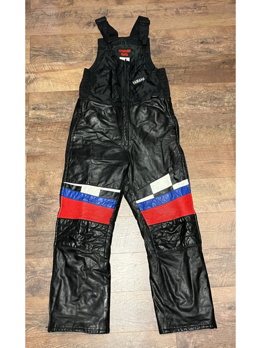 Yamaha PNT-97LTH-MN-02 Vintage Leather Snowmobile Bibs Mens M Black Red Blue Bib